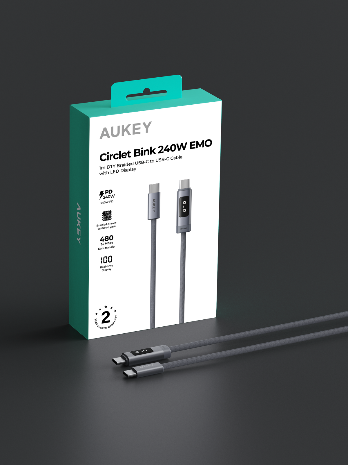 CB-DCC245 / CB-DCC246 Circlet Bink 240W EMO 1m / 2m DTY Braided USB-C to USB-C Cable w/ LED Display