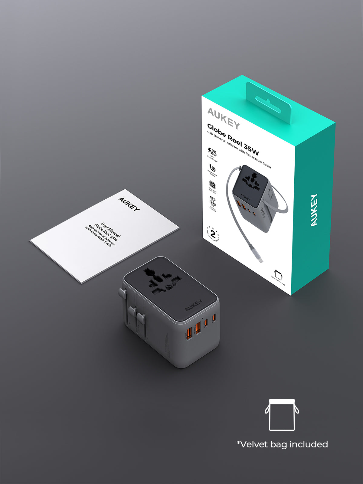 PA-TA12 35W Globe Reel 4-Port GaN Universal Fast Charging Travel Adapter w Retractable Type C Cable