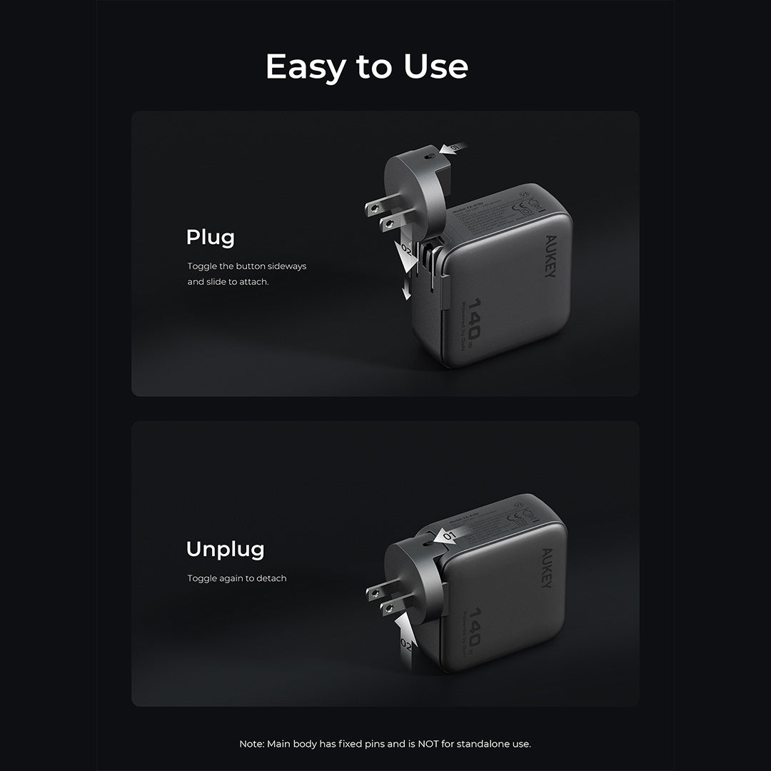 Aukey PA-B10U 140W GaN Wall Charger Smart Display EU UK US TH Interchangeable Plugs