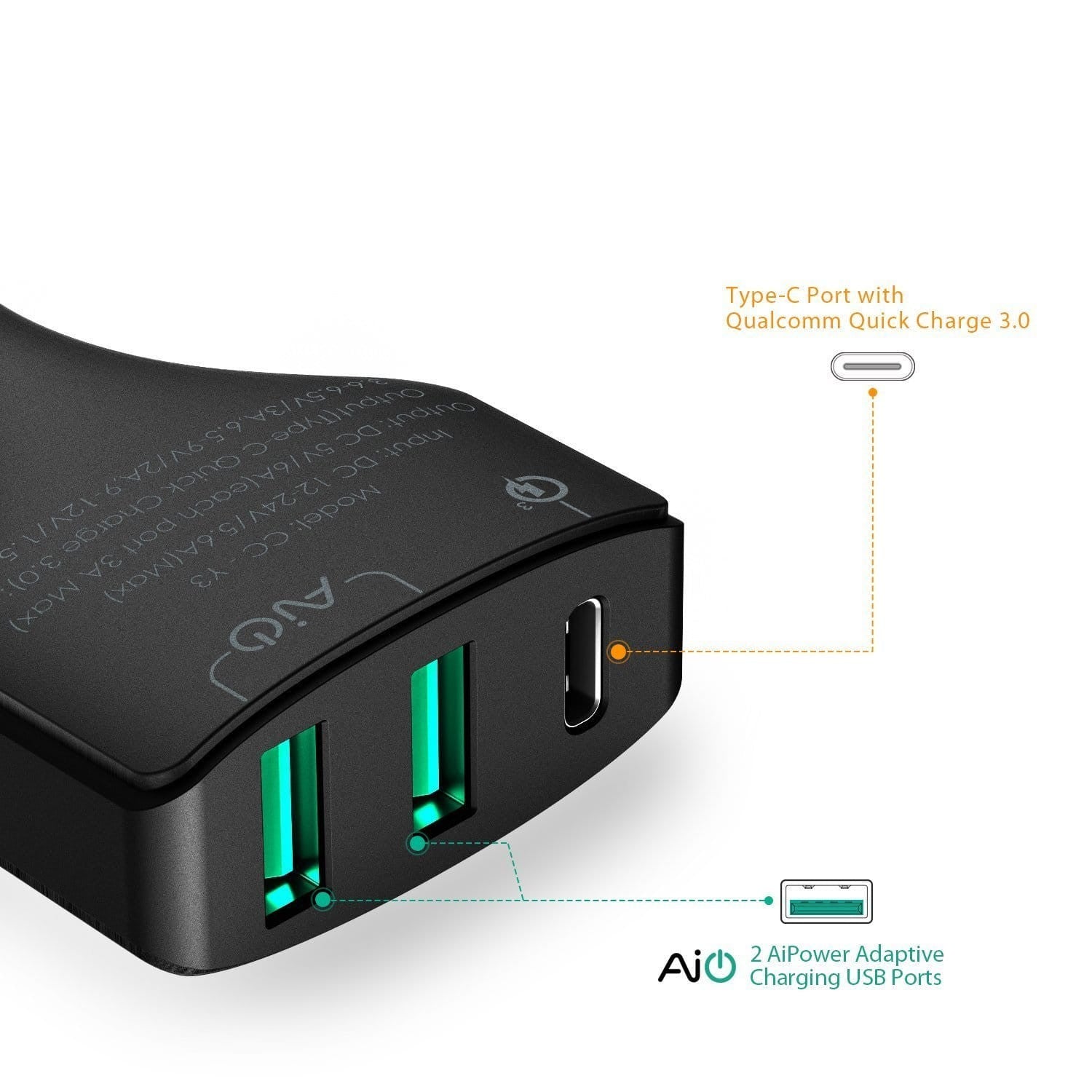 AUKEY CC-Y3 49.5W 10A AiPOWER Quick Charge 3.0 USB C Car Charger - Aukey Malaysia Official Store